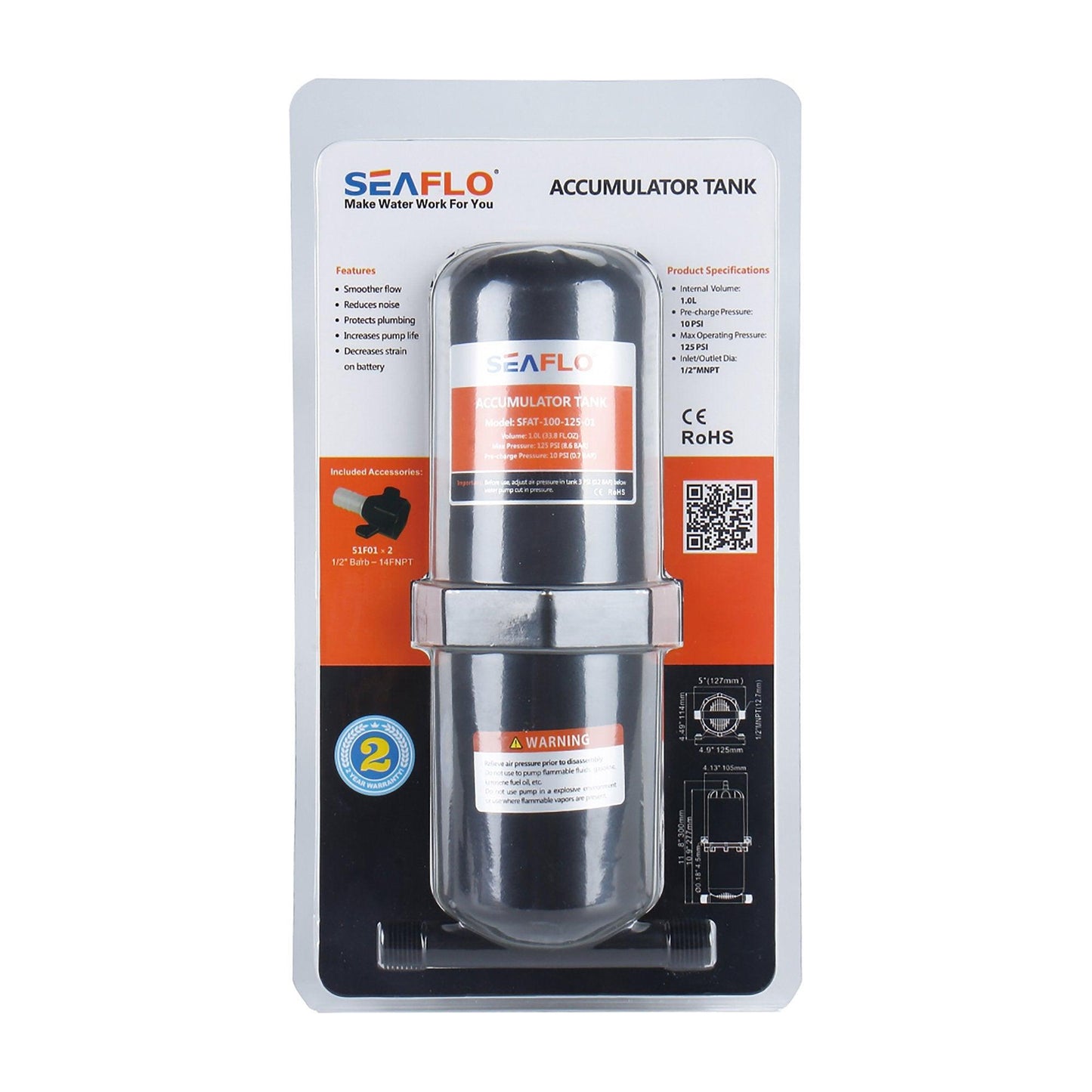 Seaflo 1L Accumulator Tank 125PSI 1/2" MNPT Marine RV Boat SFAT-100-125-01