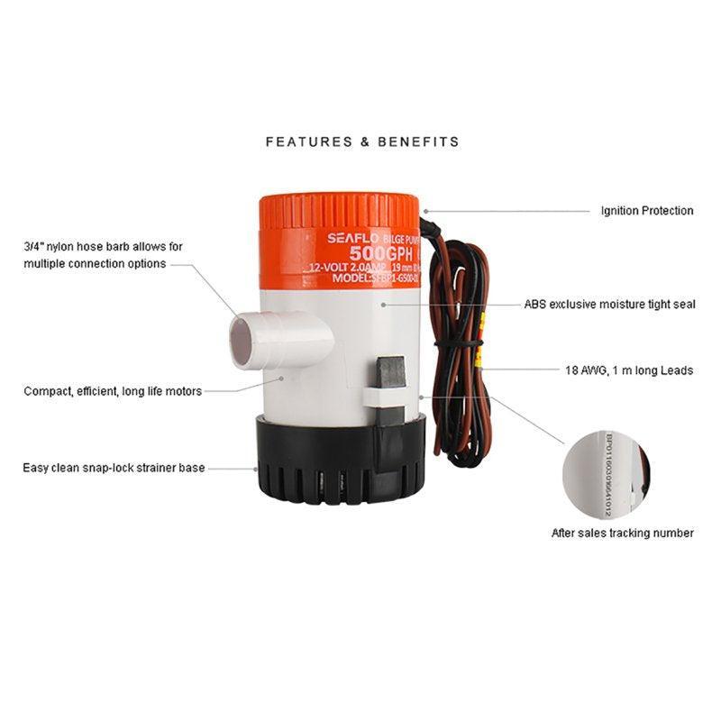 Seaflo 24V 500GPH Marine Bilge Pump Non-Automatic 01 Series SFBP2-G500-01 Boat